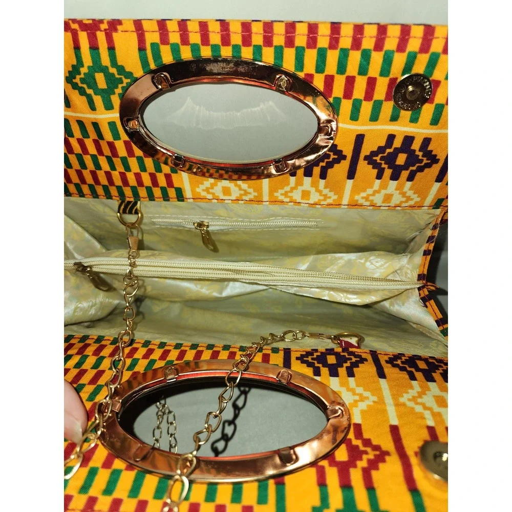 Kente Print Handbag Yellow Geometric Gold Metal Handle Crossbody Chain Strap